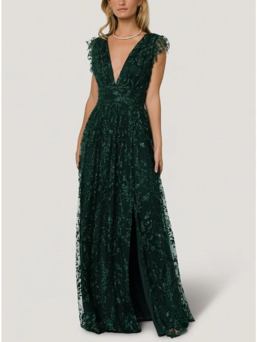 NWT Baltic Born Arlene Shimmer Gown Deep emerald Green V-Neck Embroidered Medium